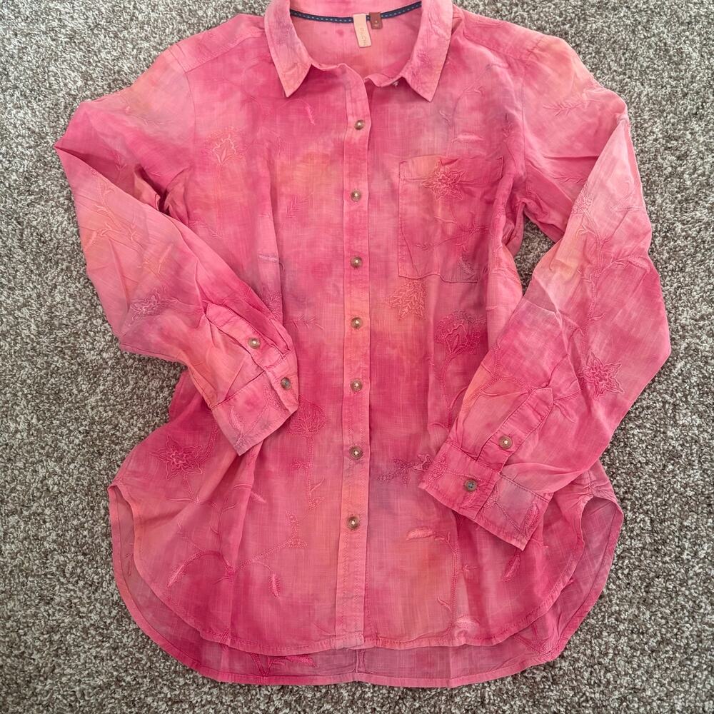 Pilcro Anthropologie Embroidered Floral Button Down Shirt Coral Pink Boho Small